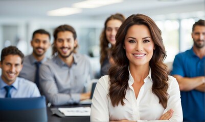 Fototapeta premium Smiling professional woman at her work office with her coworkers and employees in the background.