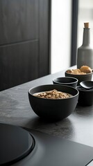 Obraz na płótnie Canvas Whole Grain Cereal with Milk, Black Surface Table, minimalistic decor 