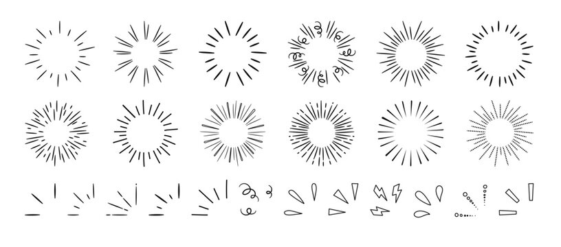 Doodle splashes and firework. Hand drawn brush explosion, round frame burst, black sparkle rays, shine starburst. Vintage line lighting effects. Vector collection