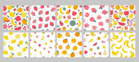 Fruit pattern. Seamless background with hand drawn fruit and berries. Trendy abstract print lemon, sweet peach, banana, tropical orange, season strawberry. Vector set