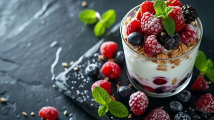 Yogurt and Berry Parfait, Black Surface Table, minimalistic decor 