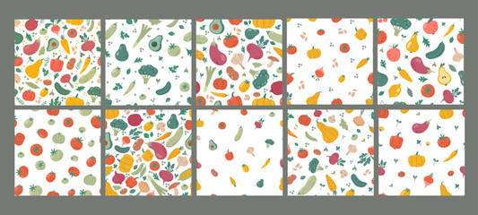 Vegetables pattern. Seamless background with hand drawn different vegetable and greens. Organic natural food. Abstract print tomato, pumpkin, pepper, onion. Vector set