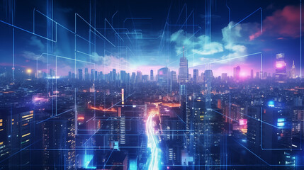 Obraz premium A sprawling metropolis illuminated by the twinkling lights of towering skyscrapers, casting a mesmerizing glow over the bustling city streets below on a vibrant night