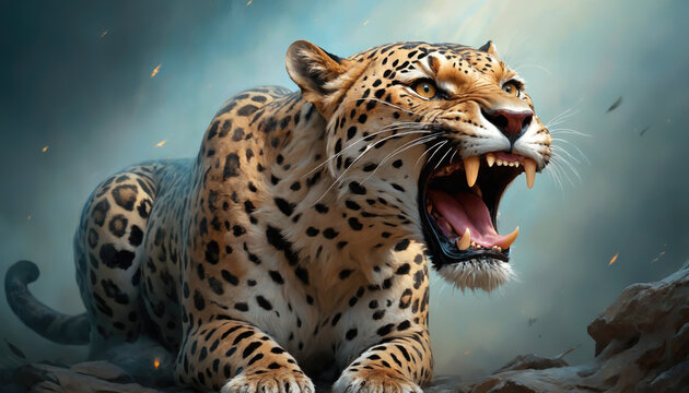 Fototapeta Fantasy Illustration of a wild animal leopard. Digital art style wallpaper background.
