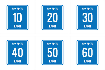 Maximum Speed limit sign 10 kmh,  20, 30, 40, 50, 60 Kmh, sign icon on white background vector illustration.
