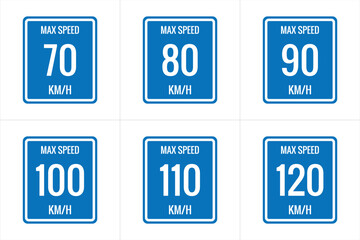 Maximum Speed limit sign  70 kmh,  80, 90, 100, 110, 120 Kmh, sign icon on white background vector illustration.