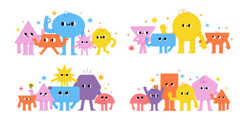 Geometry characters. Comic funny basic geometric figures group for banner and poster. Different emotion, kids compositions for child studying. Vector cute shapes