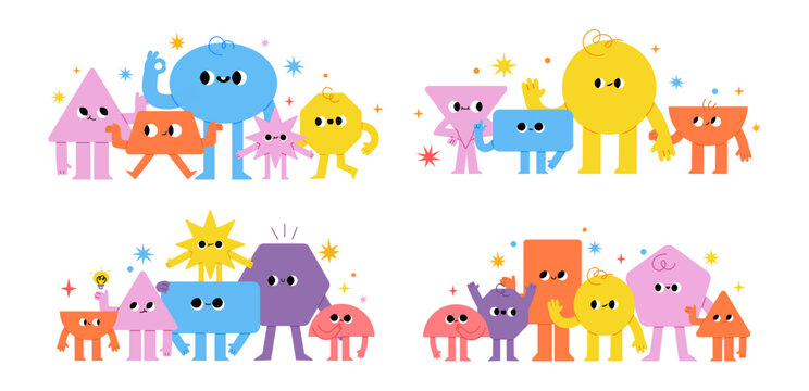 Geometry characters. Comic funny basic geometric figures group for banner and poster. Different emotion, kids compositions for child studying. Vector cute shapes