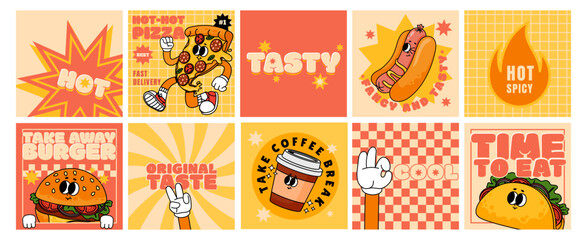 Fast food cards. Retro posters, stickers with hot dog, taco, burger, pizza for menu cafe, restaurant. Funky patches. Slogan, quote, groovy food characters. Vector set