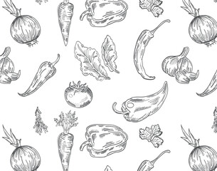 seamless hand-drawn pattern of vegetables and herbs