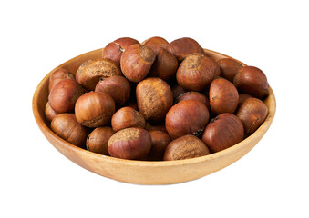 heap of chestnut food isolated in wood bowl