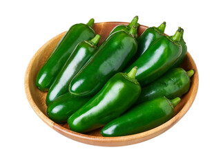 green jalapeno chili pepper isolated on white background. heap of green jalapeno chili pepper white isolated in wood bowl