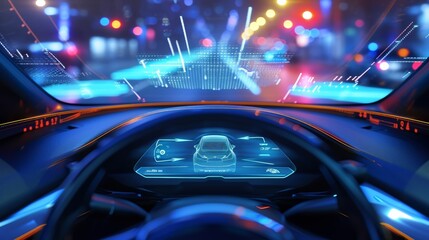 Detail of a cars headup display projecting crucial information onto the windshield making it easy for the driver to stay informed. - obrazy, fototapety, plakaty