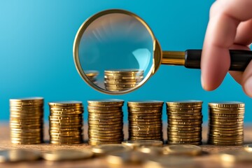 A magnifying glass over stacks of gold coins on a blue background, representing financial analysis or investment strategies