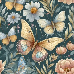 seamless pattern with butterflies, seamless pattern , beautiful boho butterflies with wild flowers, light pastel colors, seamless wallpaper pattern, Ai Generate