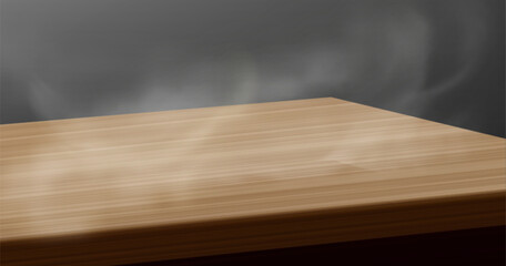 Wooden board with dust effect on black background. Vector realistic illustration of flour in air above brown wood table at forefront, kitchen interior design element, empty shelf mockup with haze