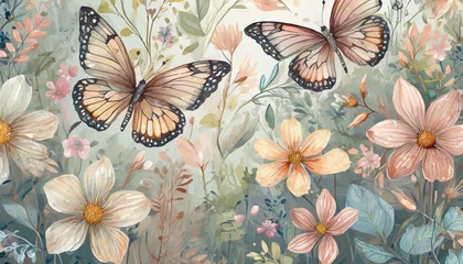 Poster seamless pattern with butterflies, seamless pattern , beautiful boho butterflies with wild flowers, light pastel colors, seamless wallpaper pattern, Ai Generate © Yasir
