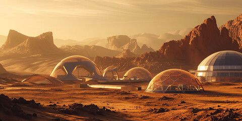 Fototapeta na wymiar Planet Mars surface exploration, exploring planets futuristic living condition, generated ai
