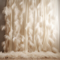 Fototapeta premium Beige Feather Curtain Stock Photo - Soft Glamour with a Blank Background Inspired by the 1980s