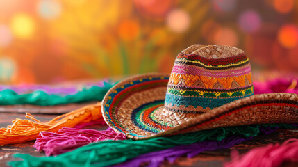 Fototapeta premium Colorful Traditional Mexican Sombrero Hat on Vibrant Textiles with a Festive Bokeh Background - Perfect for Cultural Celebrations, Travel Blogs, and Artistic Displays