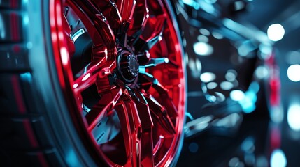 The camera focuses on the red coloring of the brake caliper adding a pop of color to the otherwise metallic design. Its glossy finish catches the light in the closeup shot. - obrazy, fototapety, plakaty