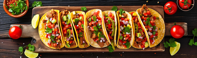 Delicious Gourmet Tacos with Fresh Ingredients on Wooden Board - High-Quality, Vibrant and Detailed Food Photography