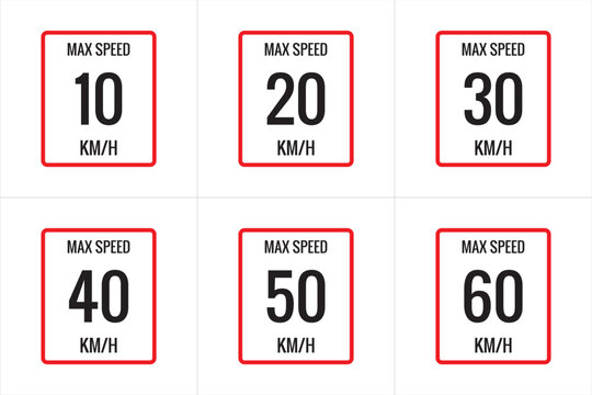 Maximum Speed limit sign 10 kmh,  20, 30, 40, 50, 60 Kmh, sign icon on white background vector illustration.