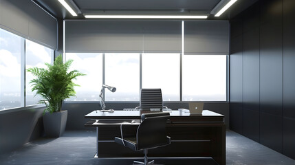 a simple office, clean, black interior, a plant, no windows, photo realistic