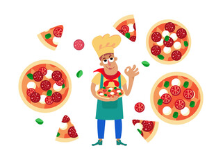 Cute cartoon flat chef pizzaiolo preparing pizza. Food and restaurant. Isolated objects on white background. Vector illustration.