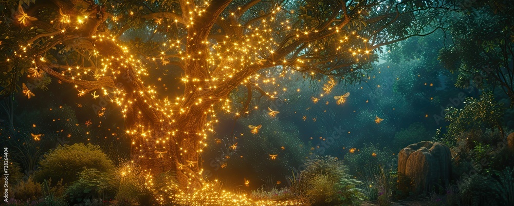 Aufkleber enchanting forest landscape at dusk trees are illuminated by shimmering lights creating magical and 