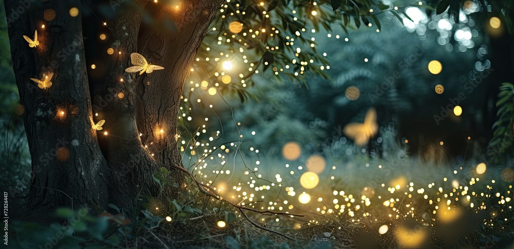 Aufkleber enchanting forest landscape at dusk trees are illuminated by shimmering lights creating magical and 