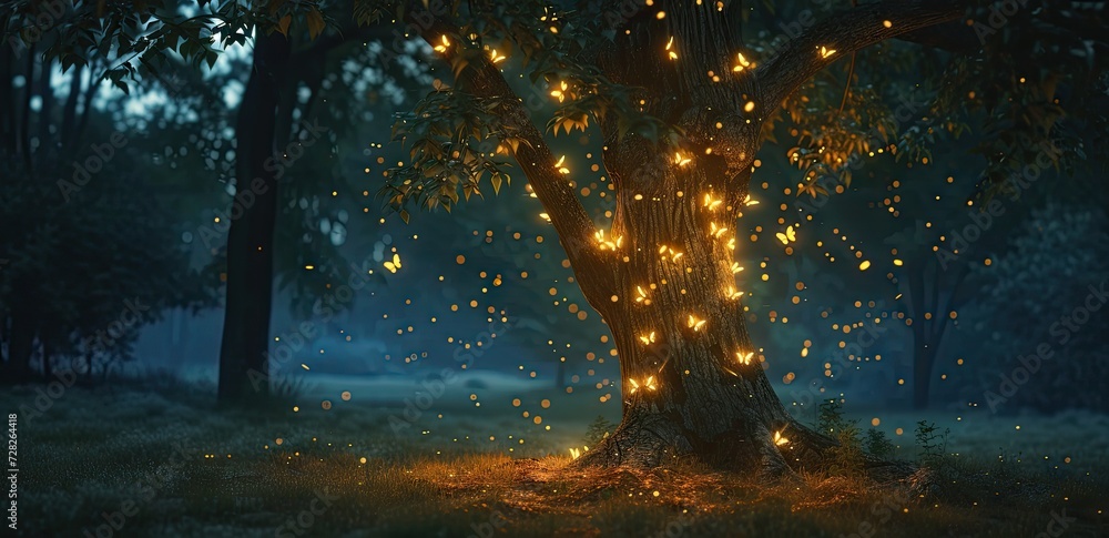 Aufkleber enchanting forest landscape at dusk trees are illuminated by shimmering lights creating magical and 