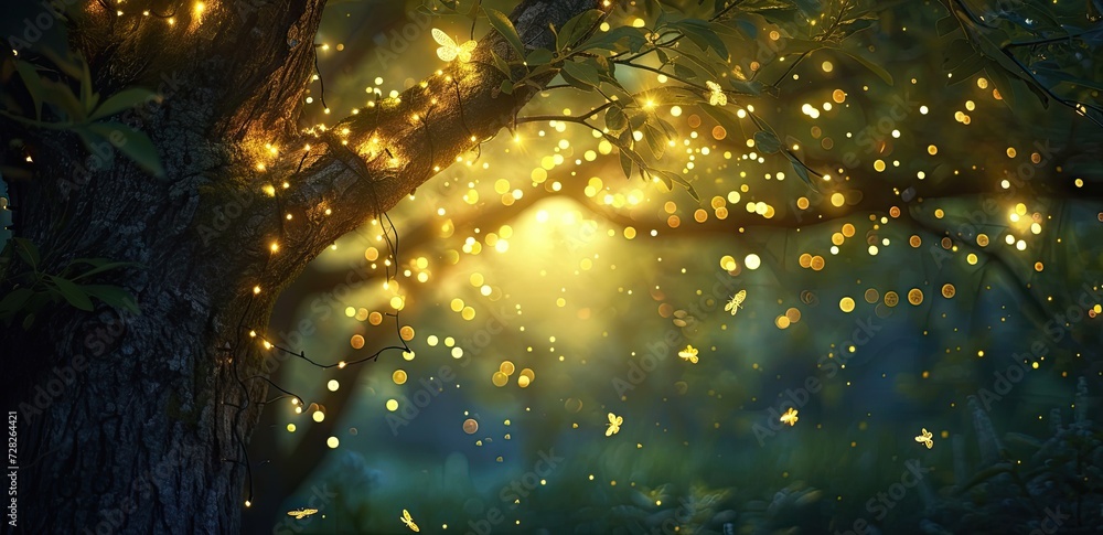 Aufkleber enchanting forest landscape at dusk trees are illuminated by shimmering lights creating magical and 