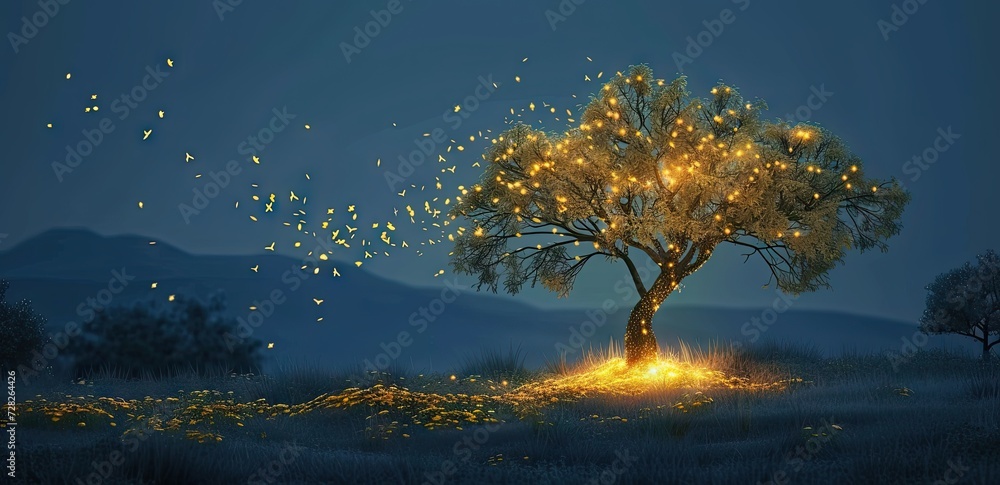 Aufkleber enchanting forest landscape at dusk trees are illuminated by shimmering lights creating magical and 