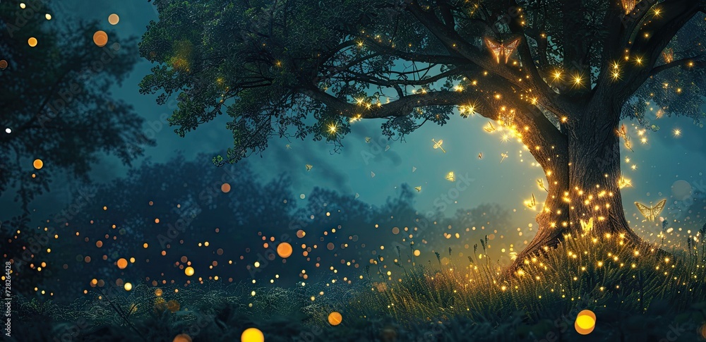 Aufkleber enchanting forest landscape at dusk trees are illuminated by shimmering lights creating magical and 