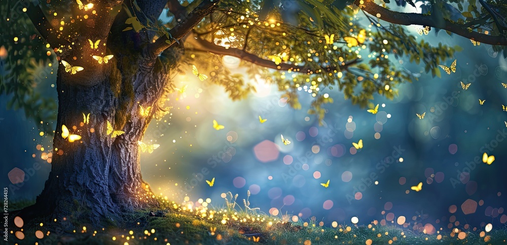 Aufkleber enchanting forest landscape at dusk trees are illuminated by shimmering lights creating magical and 