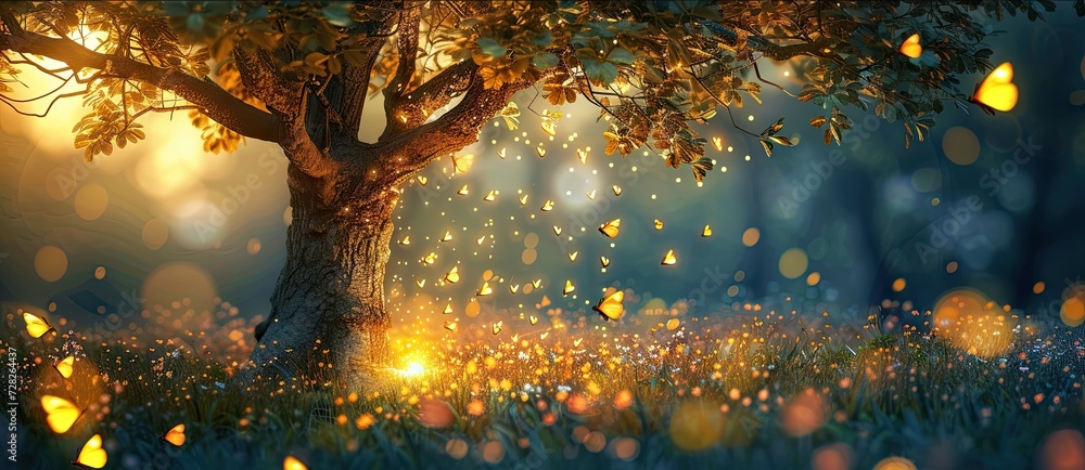 Aufkleber enchanting forest landscape at dusk trees are illuminated by shimmering lights creating magical and 