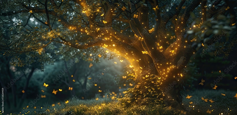 Aufkleber enchanting forest landscape at dusk trees are illuminated by shimmering lights creating magical and 