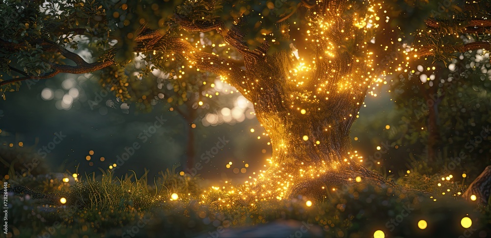 Aufkleber enchanting forest landscape at dusk trees are illuminated by shimmering lights creating magical and 