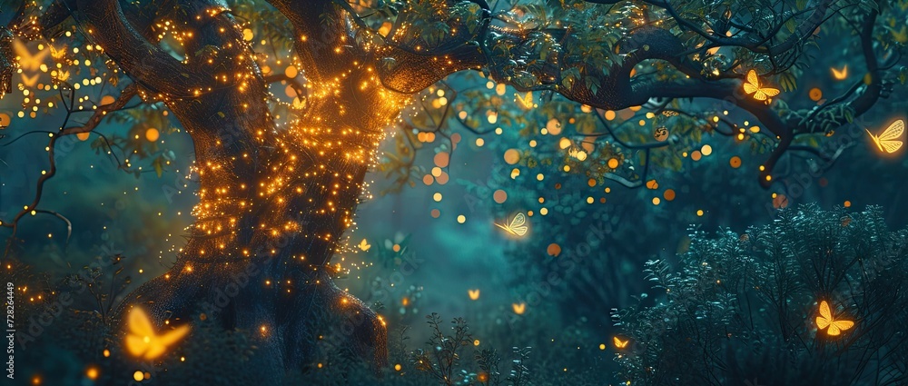 Sticker Enchanting forest landscape at dusk trees are illuminated by shimmering lights creating magical and mystical atmosphere scene straight out of fairytale with foliage bathed in dreamy glow