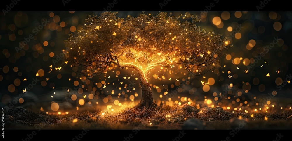 Aufkleber enchanting forest landscape at dusk trees are illuminated by shimmering lights creating magical and 