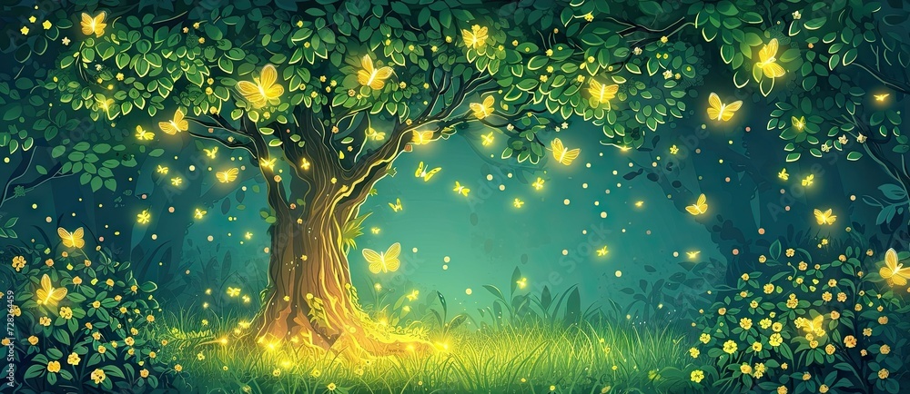 Wall mural enchanting forest landscape at dusk trees are illuminated by shimmering lights creating magical and 