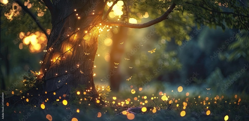 Poster enchanting forest landscape at dusk trees are illuminated by shimmering lights creating magical and 