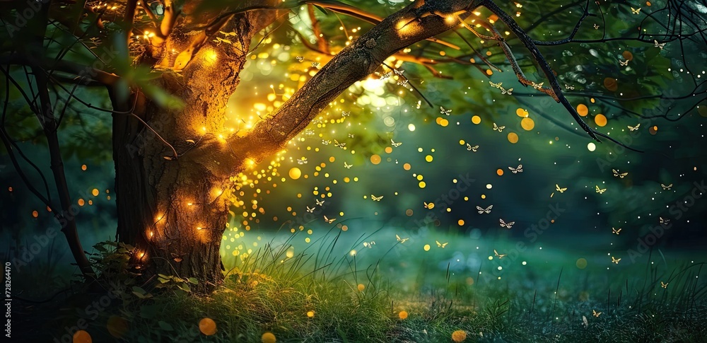 Aufkleber enchanting forest landscape at dusk trees are illuminated by shimmering lights creating magical and 
