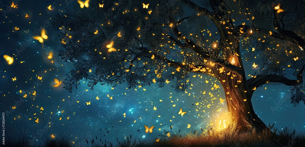 Poster enchanting forest landscape at dusk trees are illuminated by shimmering lights creating magical and 
