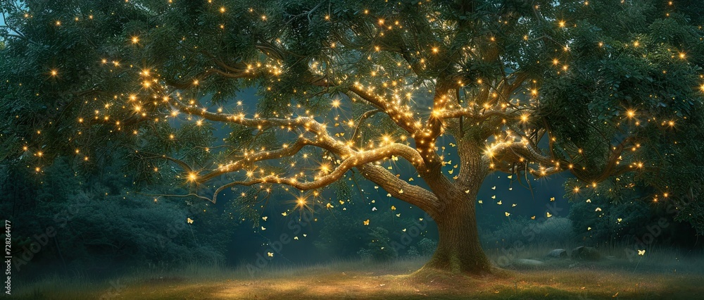 Aufkleber enchanting forest landscape at dusk trees are illuminated by shimmering lights creating magical and 