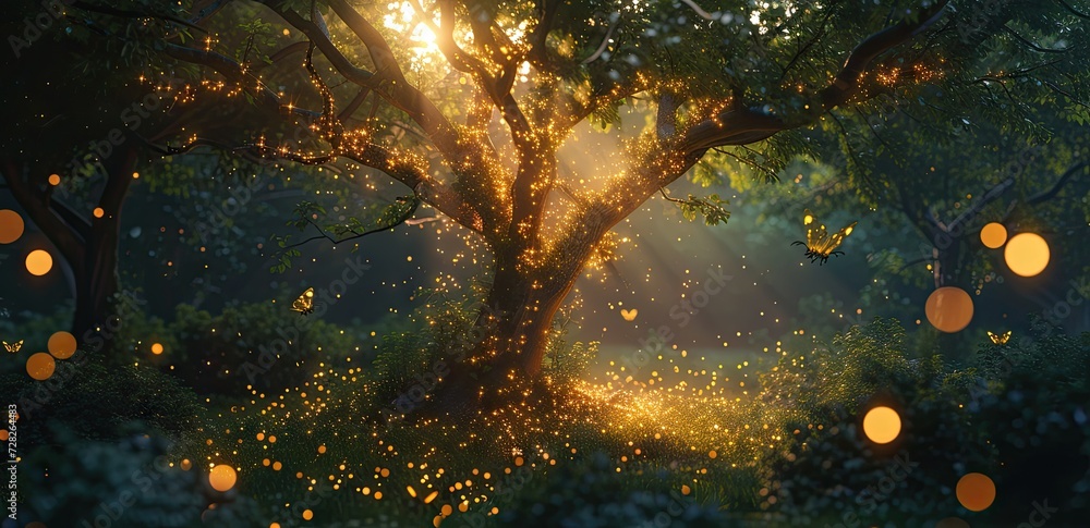 Aufkleber enchanting forest landscape at dusk trees are illuminated by shimmering lights creating magical and 