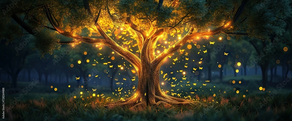 Aufkleber enchanting forest landscape at dusk trees are illuminated by shimmering lights creating magical and 