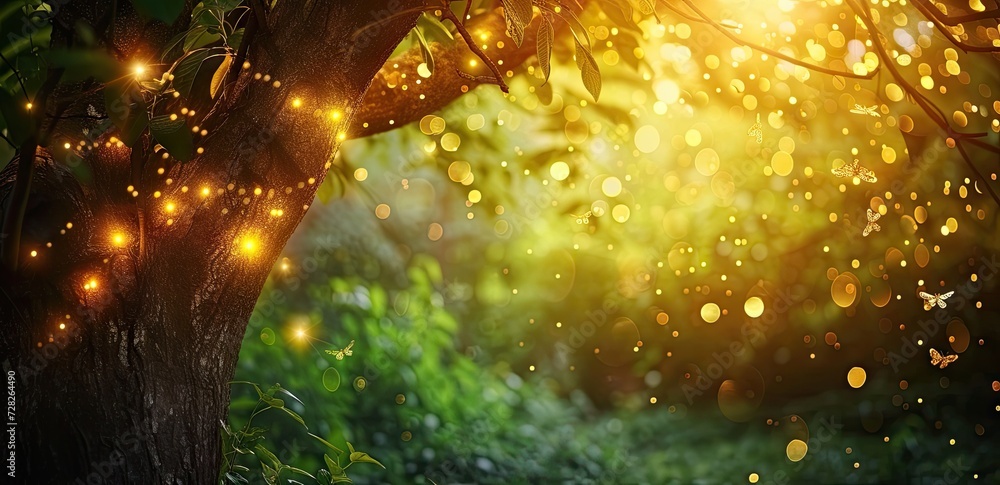 Poster enchanting forest landscape at dusk trees are illuminated by shimmering lights creating magical and 
