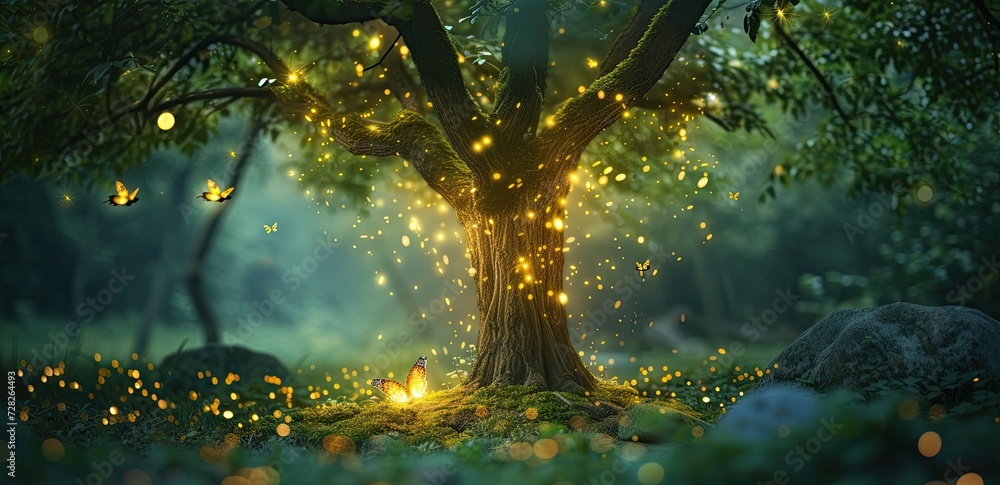 Aufkleber enchanting forest landscape at dusk trees are illuminated by shimmering lights creating magical and 